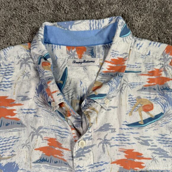 Tommy Bahama Hawaiian Shirt Short Sleeve XXL White Blue Orange Surfer Print - Picture 1 of 8